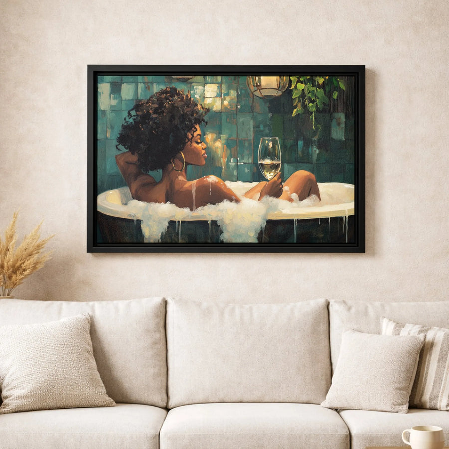 Black Woman Bathing Canvas Art | Afrocentric Bathroom Decor with Wine | Premium Gallery Wrap Print | Elegant Self-Care Wall Decor for Her