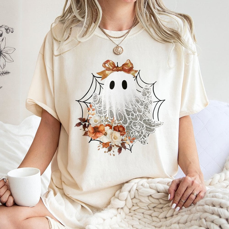 Lace Ghost Halloween T-Shirt | Coquette Bow Floral Graphic Tee | Premium 100% Cotton | Spooky Fall Aesthetic Gift for Her