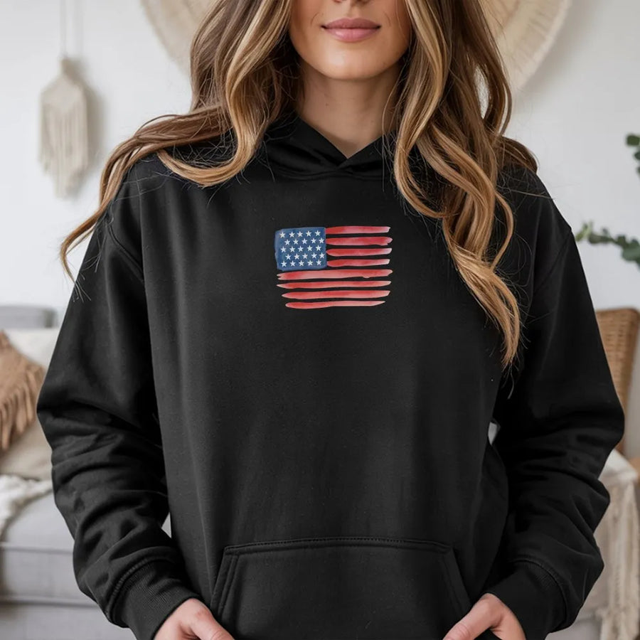 American Flag Hoodie | Distressed Watercolor USA Flag Graphic | Premium Cotton Blend | Patriotic Gift for Men & Women