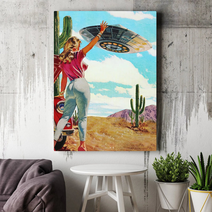Retro Alien UFO Canvas Wall Art | Mid-Century Pin-Up Desert Scene | Premium Gallery Wrap Print | Unique Sci-Fi Home Decor Gift