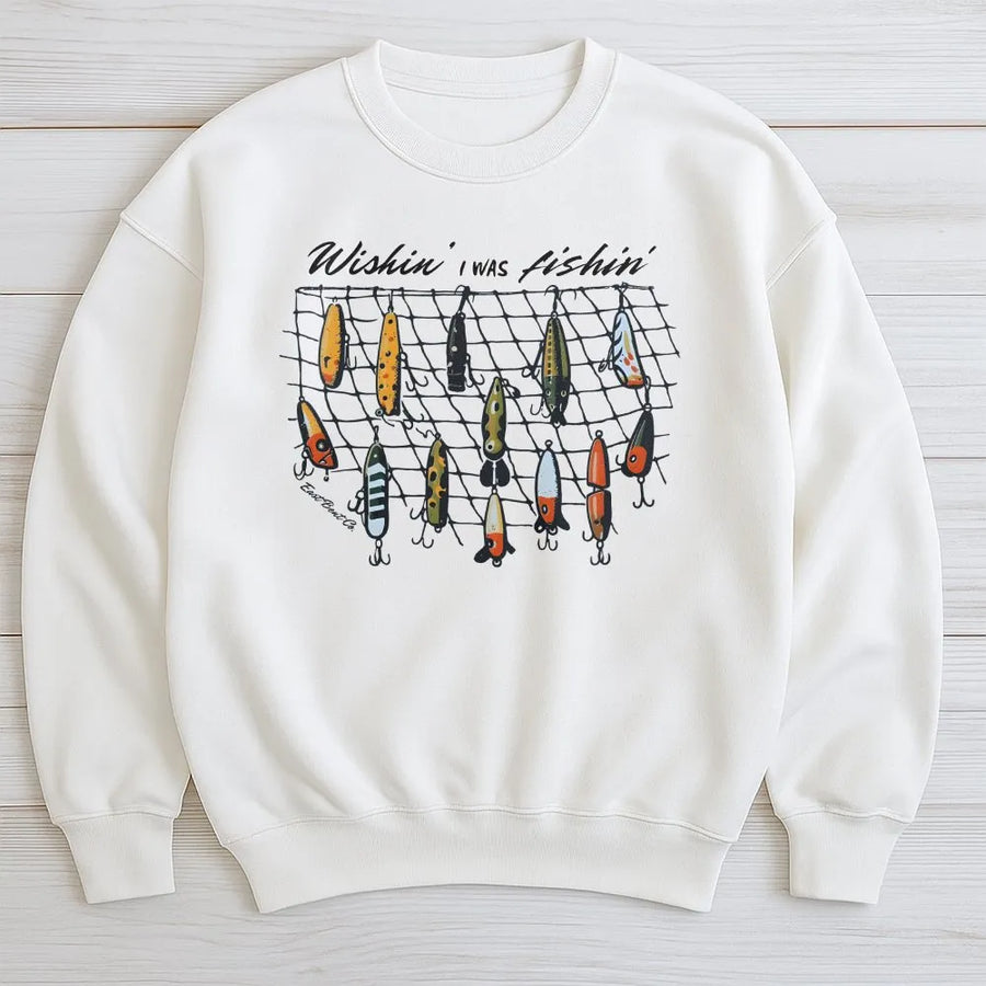 Fishing Sweatshirt for Men & Women | Vintage Fishing Lures Graphic 'Wishin I Was Fishin' | Premium Cotton-Blend Sweatshirt | Gift for Anglers