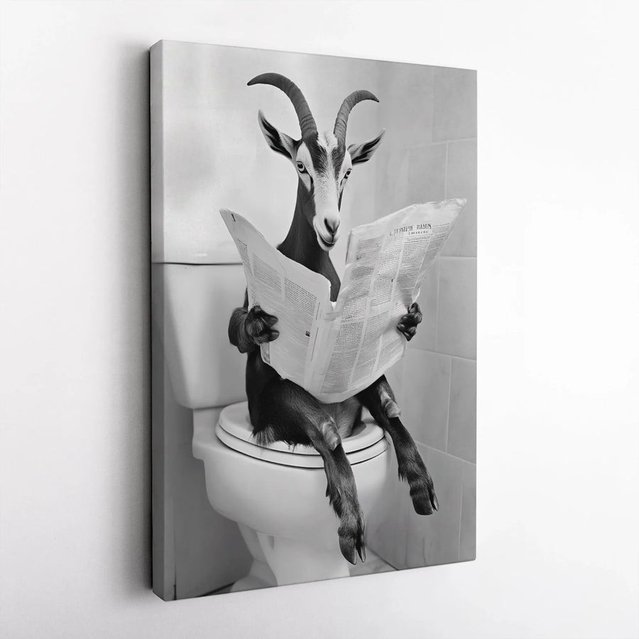 Funny Goat Reading Newspaper on Toilet Canvas | Black and White Bathroom Wall Art | Premium Gallery-Wrapped Print | Unique Home Decor Gift
