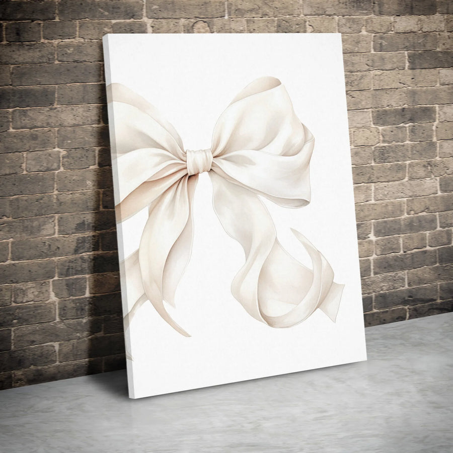 Cream Bow Canvas Wall Art | Watercolor Ribbon Minimalist Print | Premium Gallery Wrap Decor | Aesthetic Neutral Home Gift