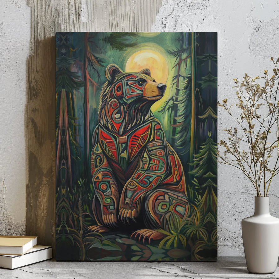 Tribal Bear Canvas Wall Art | Geometric Wildlife Forest Print | Premium Gallery Wrap Decor | Ready to Hang Nature Gift for Home