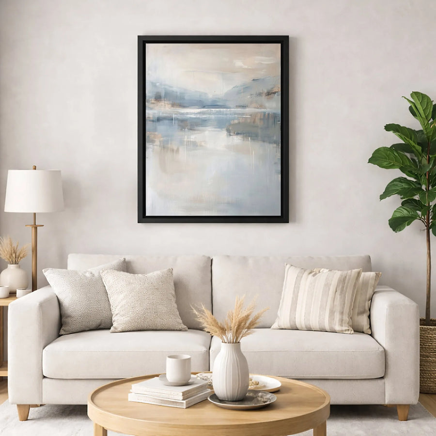 Abstract Coastal Landscape Canvas | Muted Blue and Beige Wall Art | Premium Gallery Wrap Print | Modern Home Decor for Bedroom or Living Room