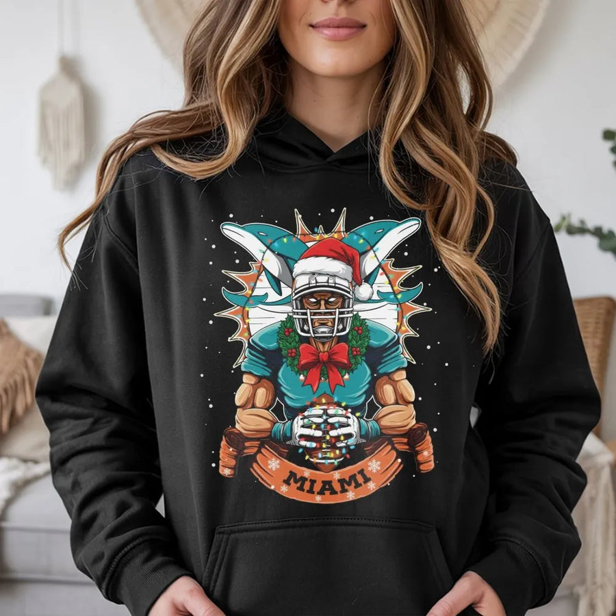 Christmas Miami Football Hoodie, Football Dolphin Player Hoodie, Sports Apparel, Classic Hoodie, Graphic Printed