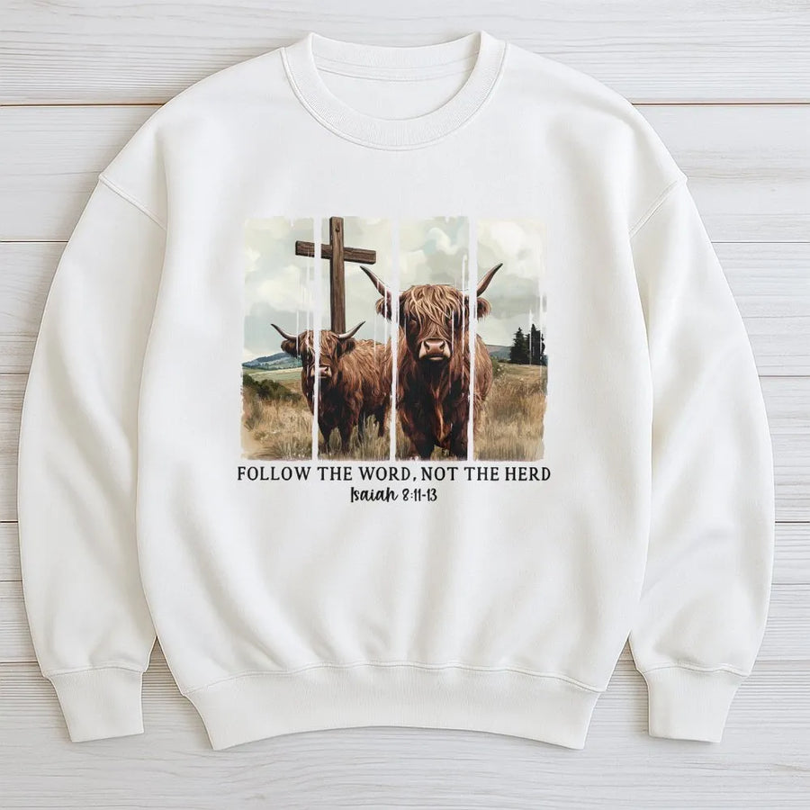 Highland Cow Christian Sweatshirt | Follow The Word Not The Herd Bible Verse Design | Premium Unisex Graphic Crewneck | Religious Faith Gift