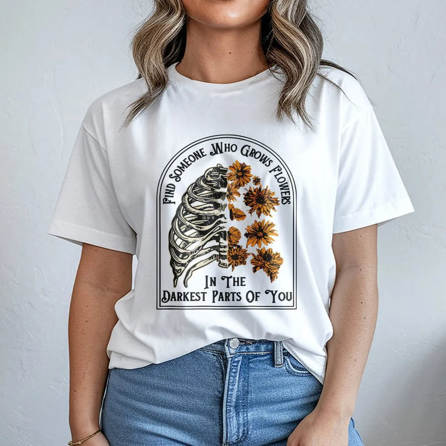Floral Skeleton T-Shirt | Vintage Rib Cage Graphic with Flowers | Premium Cotton Tee | Romantic Quote Gift for Dark Academia Fans