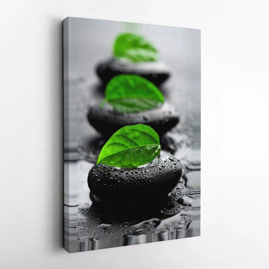 Zen Stones Canvas Wall Art | Green Leaf on Wet Black Rocks Print | Premium Gallery Wrap Canvas | Spa Decor & Yoga Studio Gift for Meditation Room