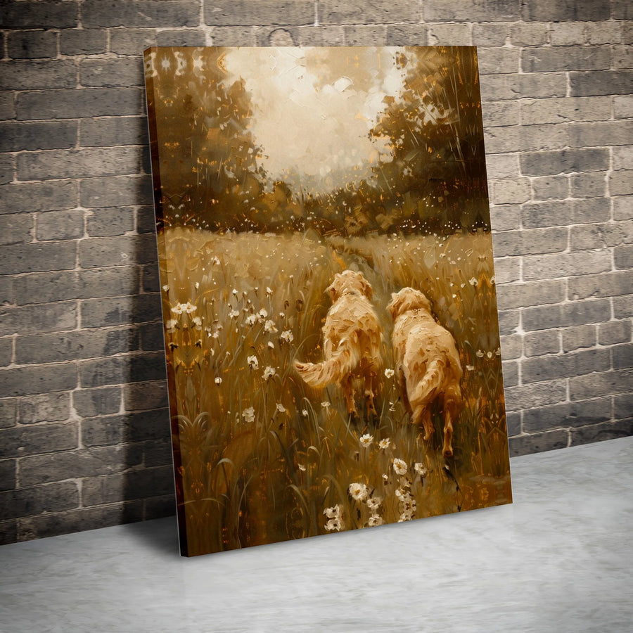 Golden Retriever Canvas Wall Art | Vintage Dogs in Wildflower Field Painting | Premium Gallery Wrapped Canvas | Gift for Dog Lover Farmhouse Decor