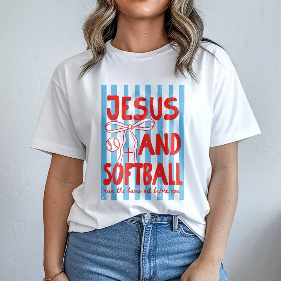 Christian Softball Mom Shirt | Jesus and Softball Game Day Graphic | Soft Cotton Tee | Faith Based Team Mom Gift