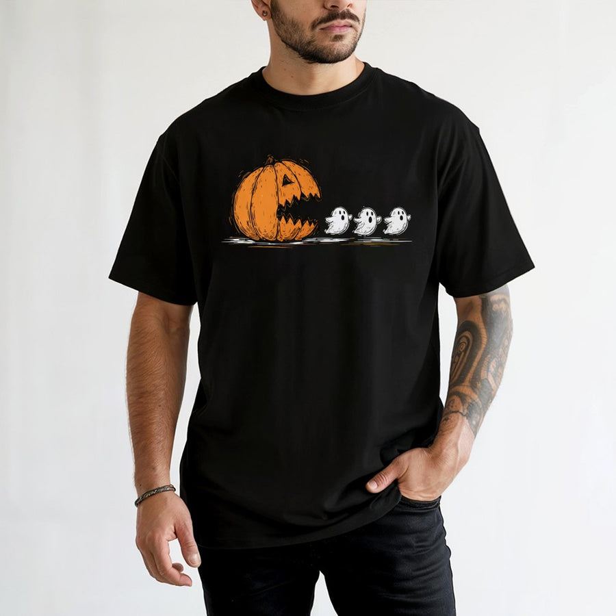 Funny Pumpkin Chasing Ghosts Halloween T-Shirt | Cute Spooky Season Graphic | Premium 100% Cotton Tee | Gift for Halloween Lovers & Fall Fashion