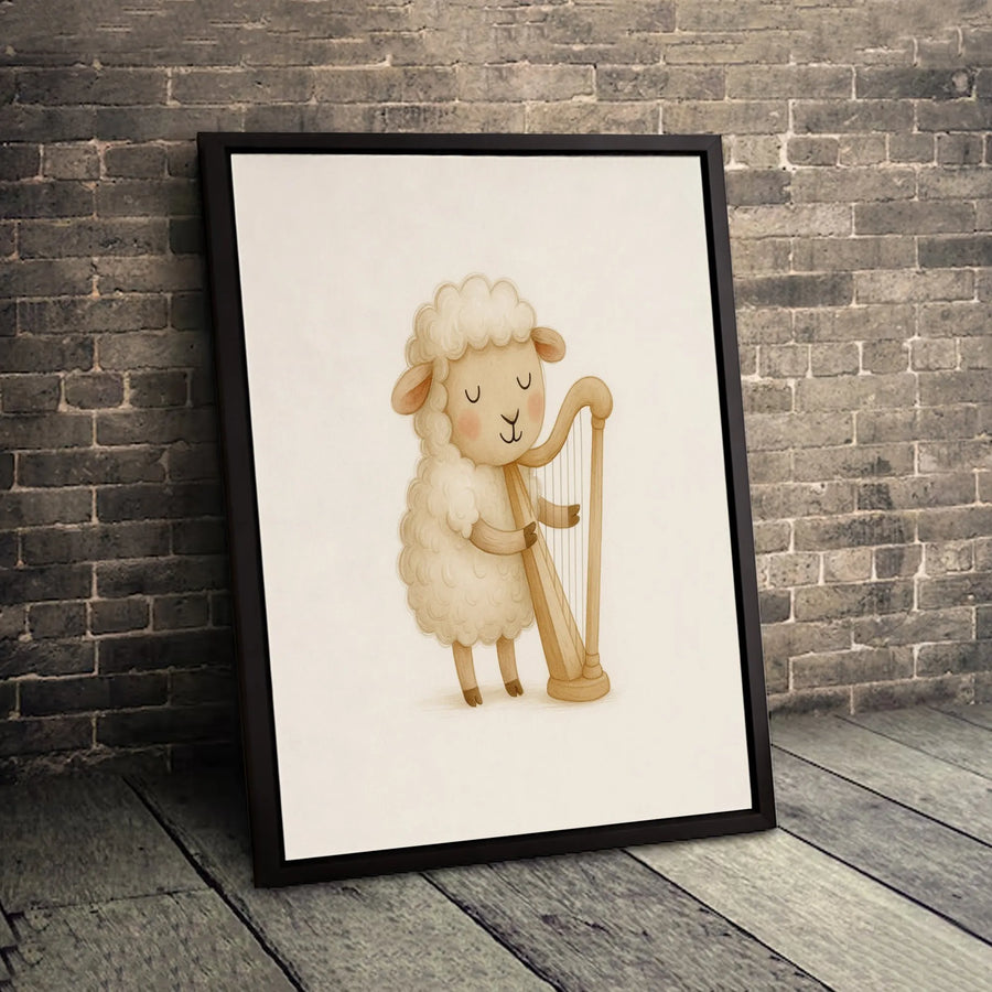 Cute Sheep Playing Harp Canvas | Whimsical Farm Animal Nursery Wall Art | 1.25-Inch Thick Premium Gallery Print | Charming Gift for Kids Room Decor