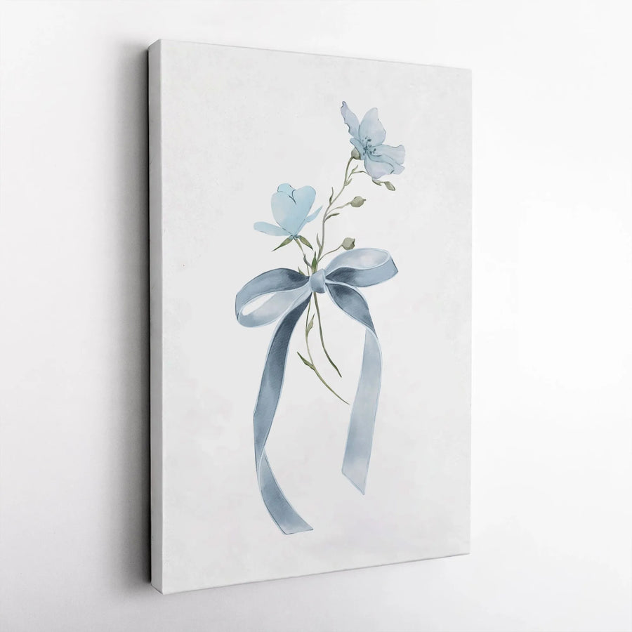 Minimalist Floral Canvas Art | Light Blue Wildflower with Ribbon | Premium Gallery Wrapped Canvas | Cottagecore Wall Decor Gift
