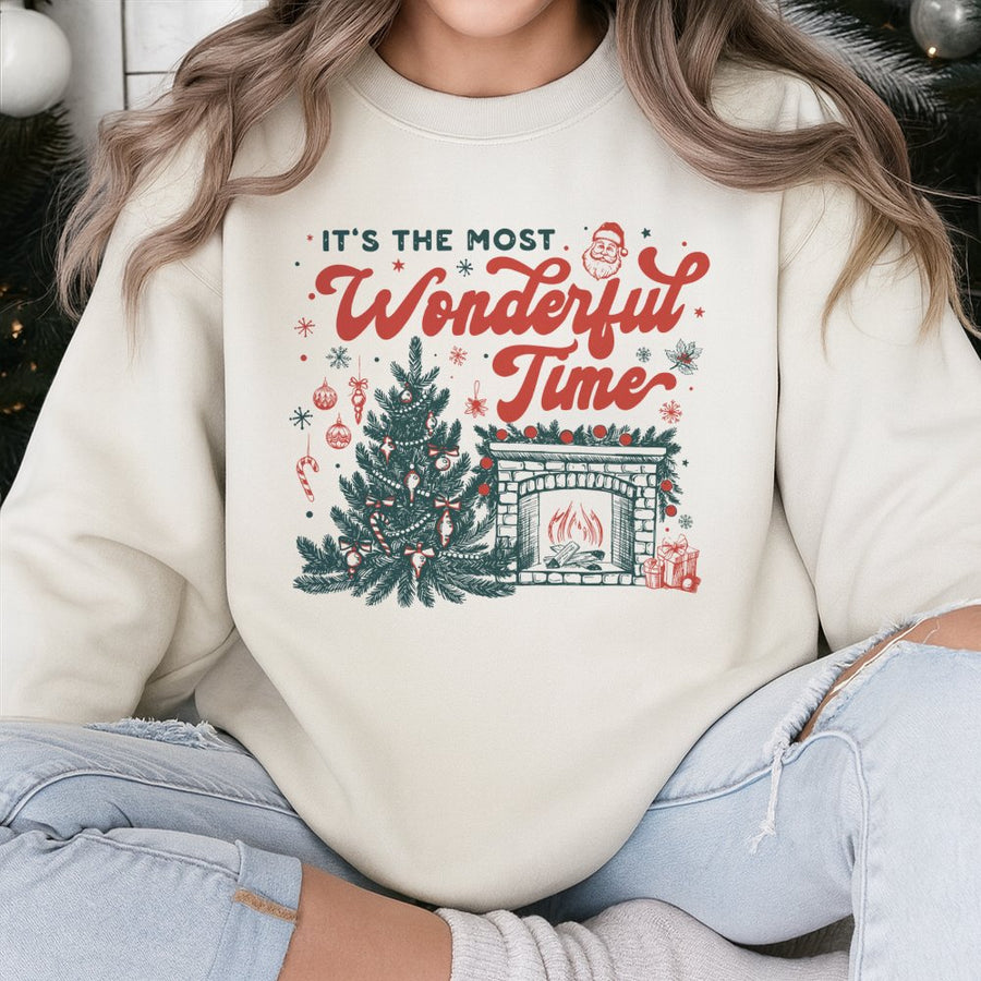 It's The Most Wonderful Time Sweatshirt | Retro Christmas Tree & Fireplace Graphic | Premium Cotton Blend | Holiday Gift For Her & Him