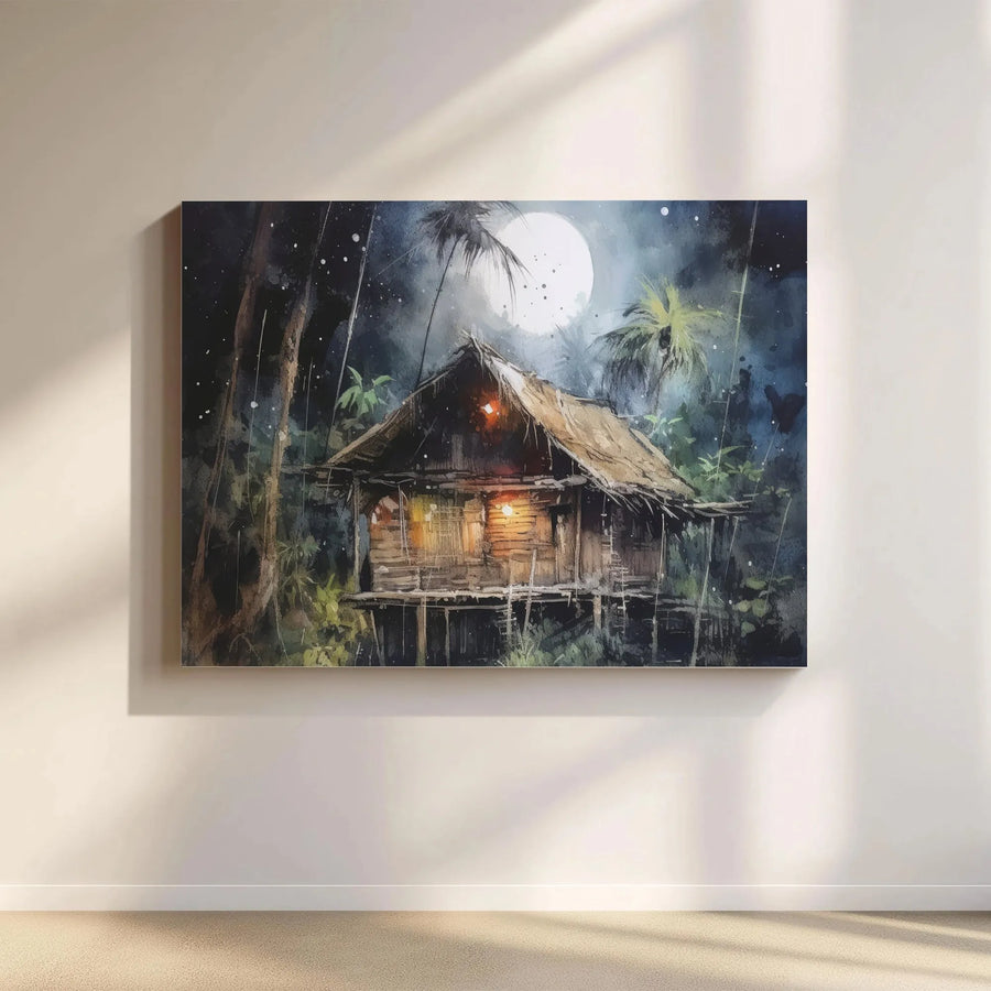 Jungle Hut Canvas Wall Art | Moonlight Tropical Landscape Painting | Premium Gallery-Wrapped Print | Atmospheric Home Decor Gift