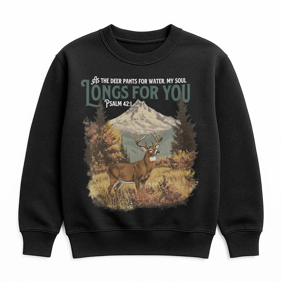 Psalm 42:1 Deer Hunting Sweatshirt | Mountain Forest Wildlife Graphic | Premium Cotton Blend | Christian Gift for Men & Hunters