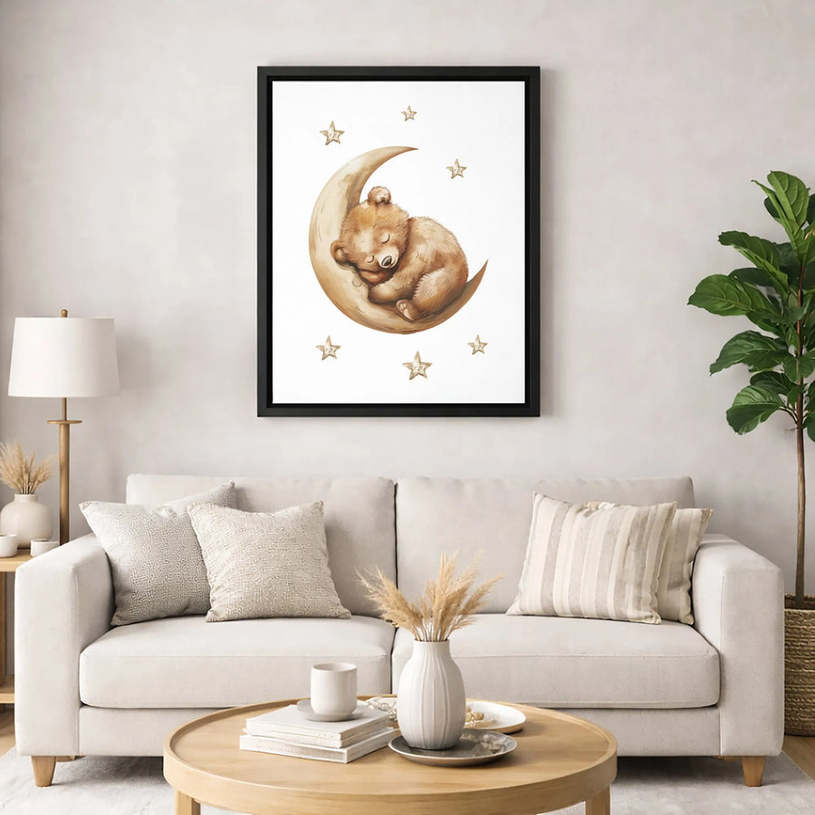 Sleeping Bear on Moon Canvas Wall Art | Watercolor Nursery Decor | 1.25-Inch Premium Gallery Wrap | Baby Shower Gift for Boys or Girls