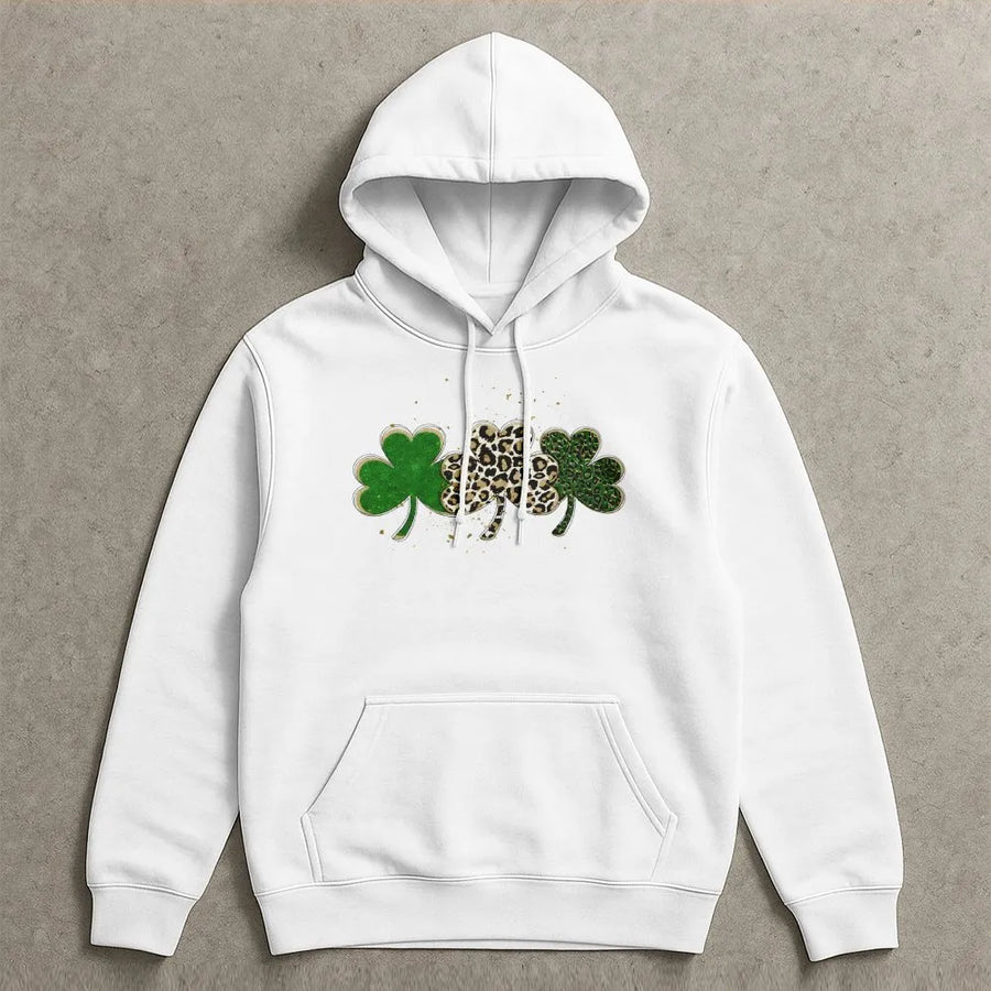 St Patrick's Day Shamrock Hoodie | Leopard Print Lucky Clover Graphic | Premium Cotton Blend | Unisex Irish Festival Gift for Women & Men