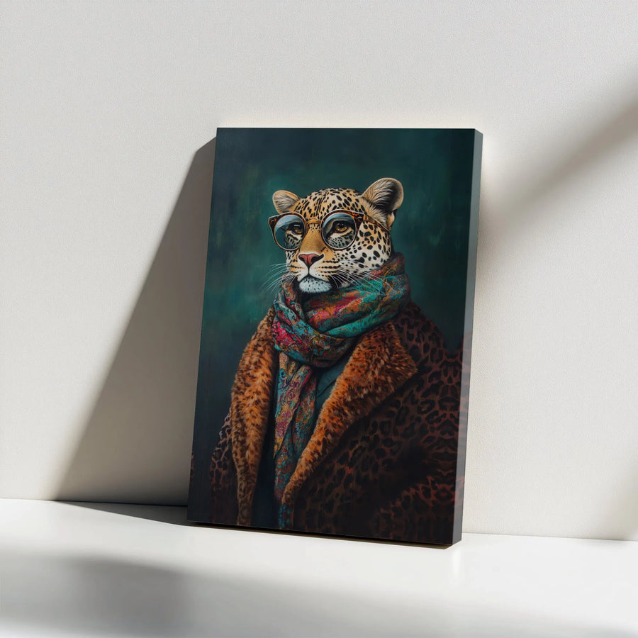Dapper Leopard Canvas Art | Sophisticated Animal Portrait with Scarf | Premium Gallery Wrap Wall Decor | Whimsical Office or Living Room Gift