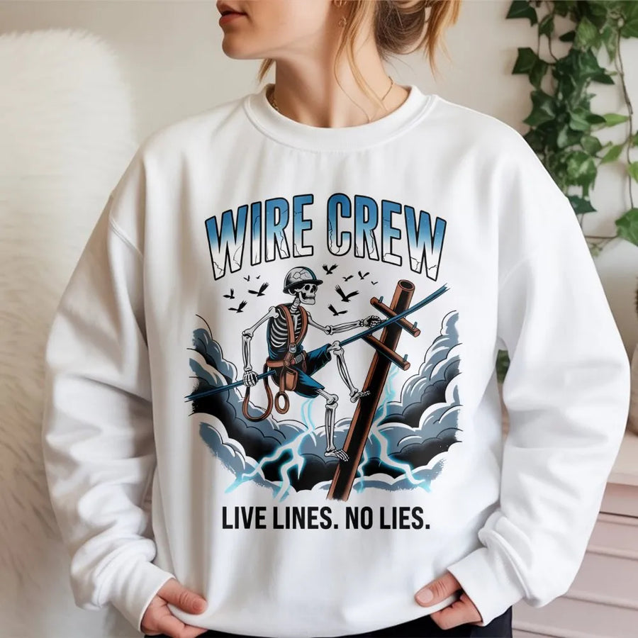 Lineman Sweatshirt | Wire Crew Skeleton Graphic | Premium Cotton Blend | Gift For Electrical Engineer And Power Line Technician