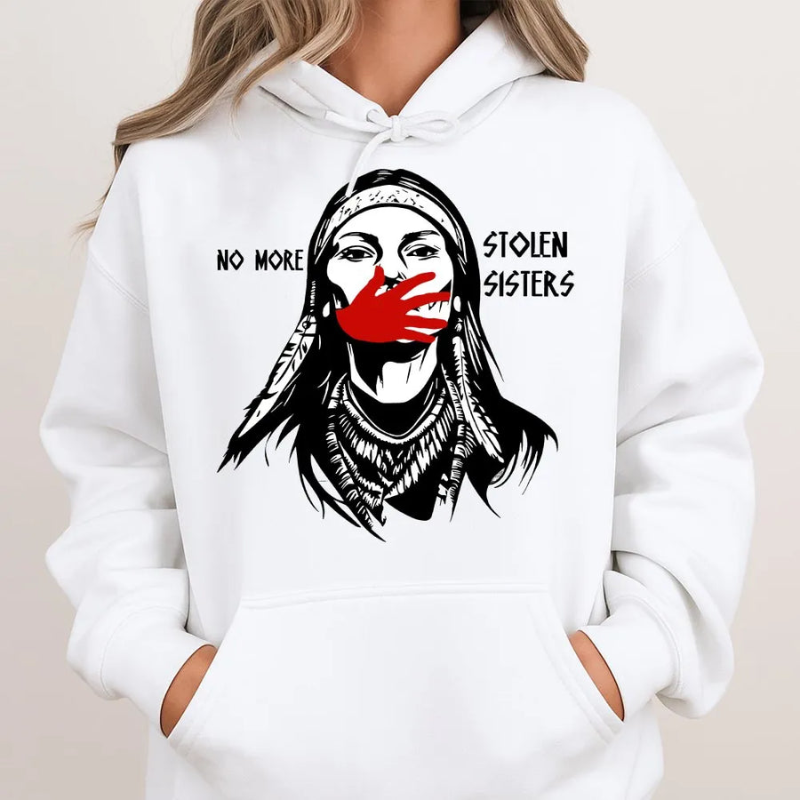 No More Stolen Sisters Hoodie | MMIW Red Handprint Graphic | Premium Soft Cotton Tee | Indigenous Rights Awareness Gift