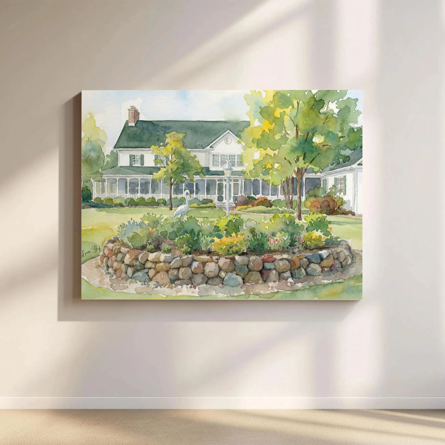 Farmhouse Canvas Wall Art | Watercolor Garden Wraparound Porch Print | Premium 1.25" Gallery Wrap | Country Home Decor for Living Room