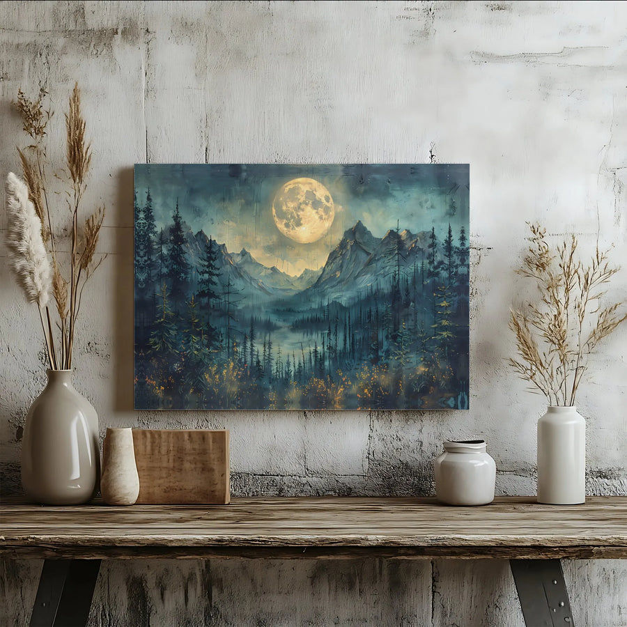 Mountain Moon Canvas Print | Impasto Style Night Sky Artwork | Gallery Wrapped Premium Canvas | Living Room Wall Decor Gift for Nature Lovers