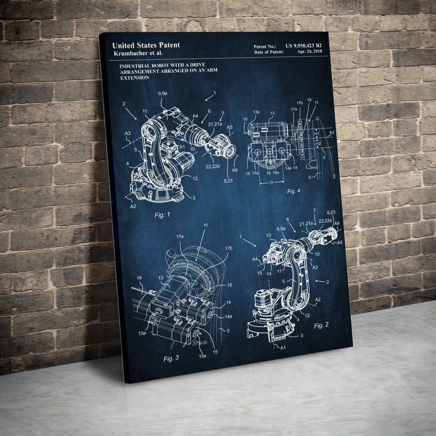 Industrial Robot Patent Vertical Canvas | Vintage Blueprint Style Wall Art | Premium Frameless Canvas Print | Collector's Gift for Engineer Office Decor