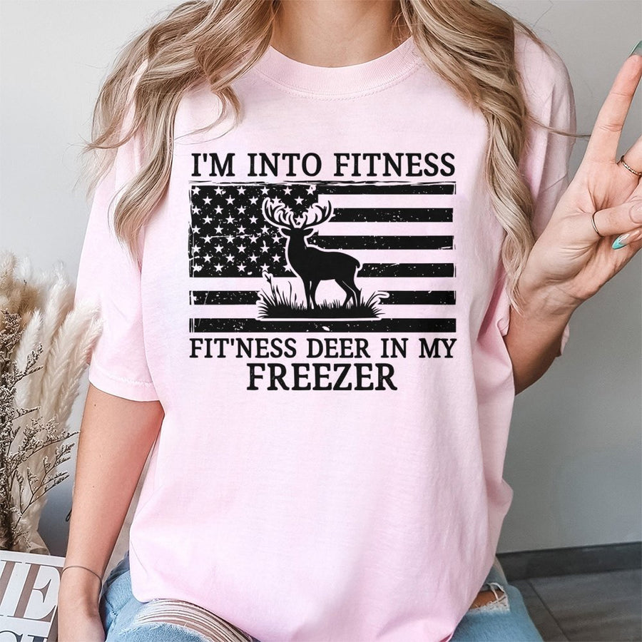Funny Hunting T-Shirt | I'm Into Fitness Deer In My Freezer Graphic | 100% Cotton Premium Tee | Gift For Hunters, Outdoorsmen, Dad