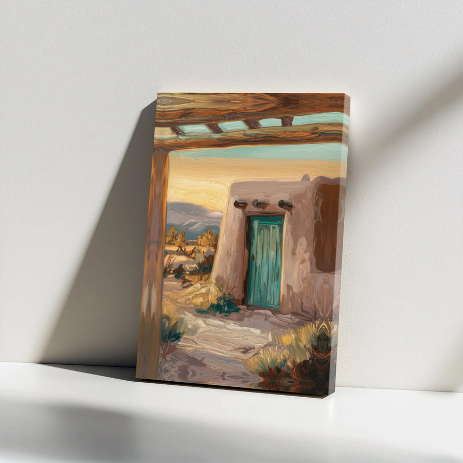 Southwestern Adobe Canvas Print | Rustic Teal Door Desert Scene | Premium Gallery Wrapped Canvas | Rustic Living Room Decor Gift