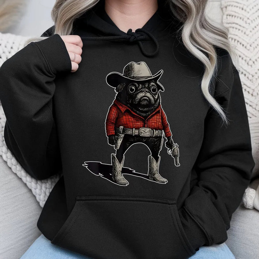 Cowboy Pug Hoodie | Funny Western Dog Graphic Sweatshirt | Premium Cotton-Poly Blend | Cute Animal Meme Gift for Dog Lovers