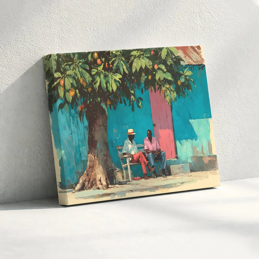 Tropical Island Life Horizontal Canvas Wall Art | Impressionist Village Scene Art Print | Premium 1.25 Inch Gallery Wrap | Vibrant Coastal Living Room Decor Gift