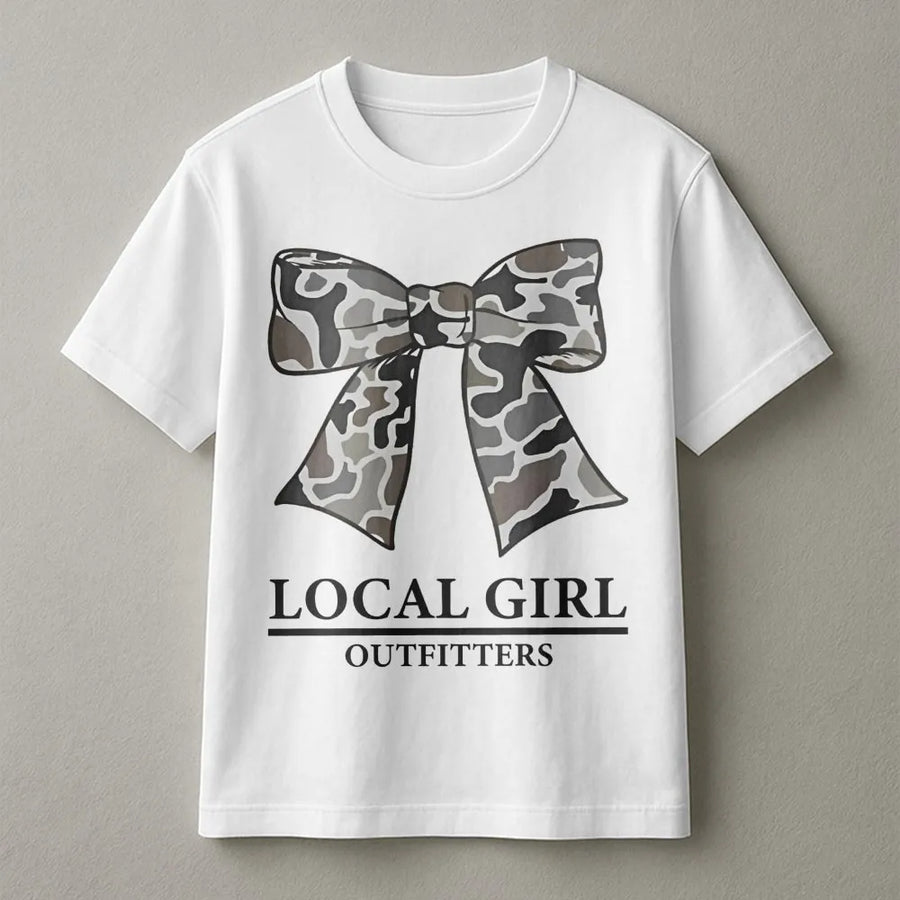 Local Girl Camo Bow T-Shirt | Southern Style Country Aesthetic | Premium 100% Cotton Tee | Gift for Cowgirls and Outdoor Lovers