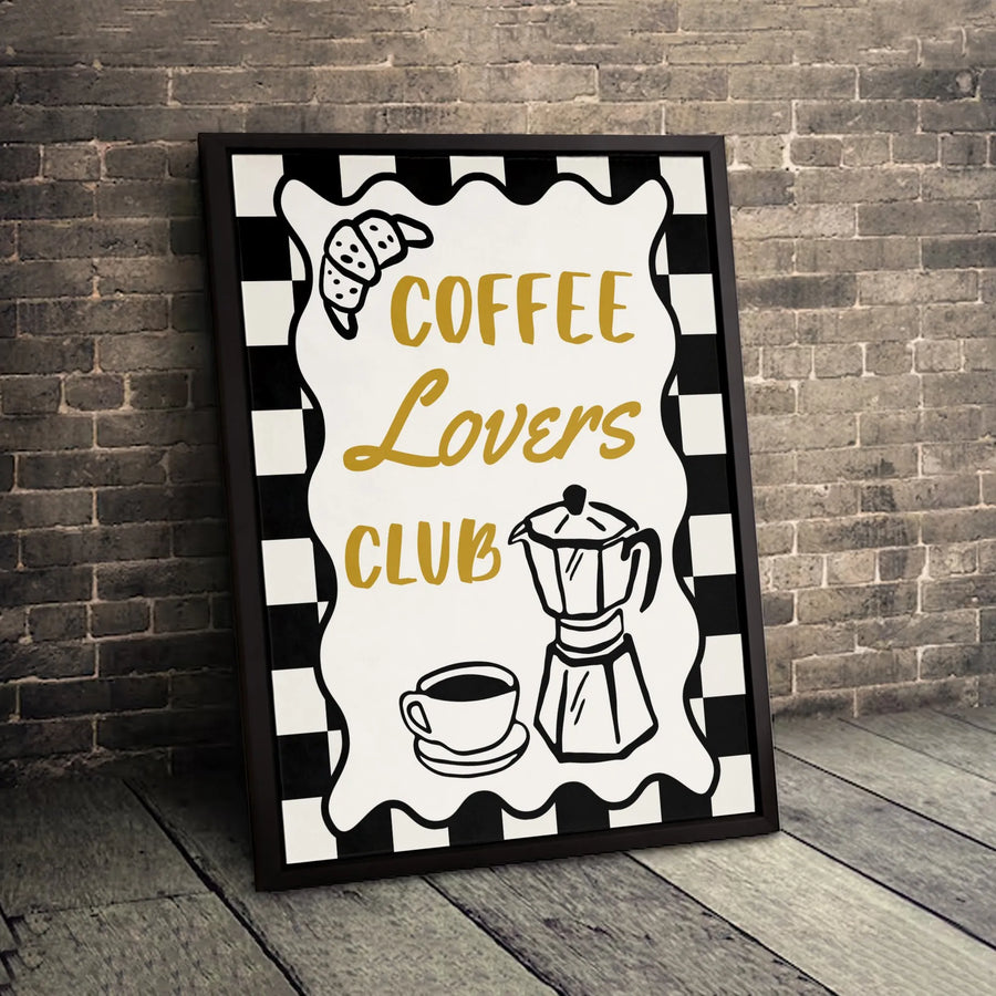 Coffee Lovers Club Wall Art | Retro Checkered Moka Pot & Croissant Illustration | Premium Gallery Canvas | Kitchen & Coffee Bar Decor