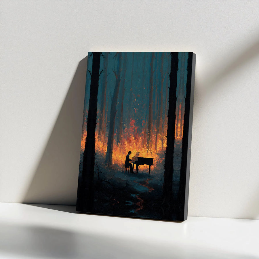 Surreal Forest Fire Canvas Print | Pianist in Burning Woods Painting | Premium High-Resolution Art | Moody Office Decor Gift for Musician