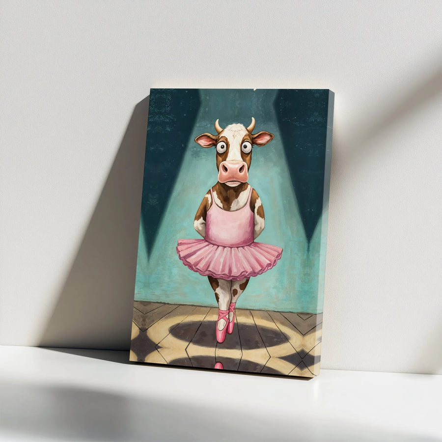 Funny Cow Ballerina Canvas Art | Whimsical Dancing Cow in Pink Tutu | Premium Gallery Wrapped Print | Nursery Decor & Funny Farmhouse Gift
