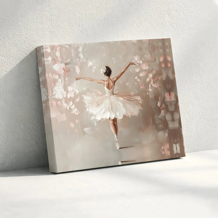 Ballerina Wall Art Canvas | Elegant Dancer in White Tutu with Pink Petals | Gallery-Quality Framed Print | Gift for Dance Lovers & Home Decor