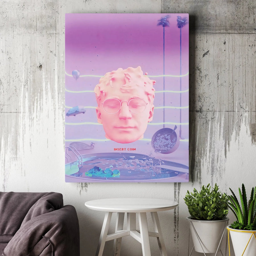 Insert Coin Vaporwave Canvas Print | Surreal Pink Head Retro Art | Premium Gallery Wrapped Decor | Unique Aesthetic Wall Art for Gamers