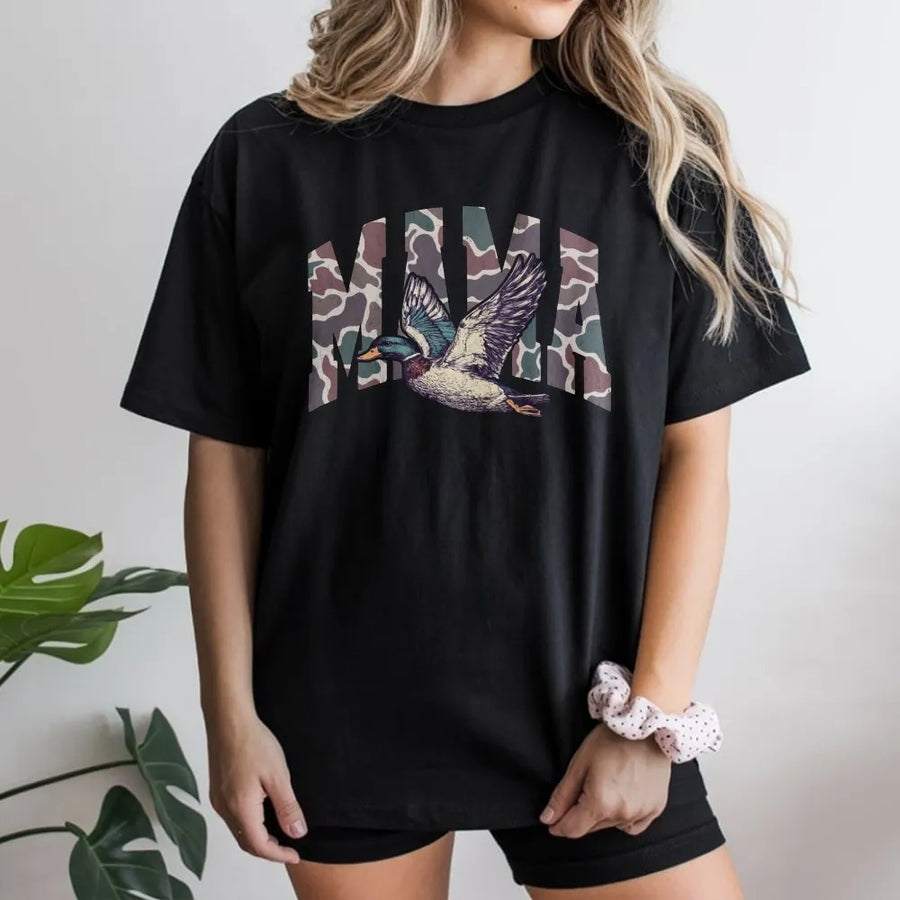 Hunting Mama T-Shirt | Mallard Duck Camo Graphic Print | Premium Soft Cotton | Wildlife Lover Gift for Women