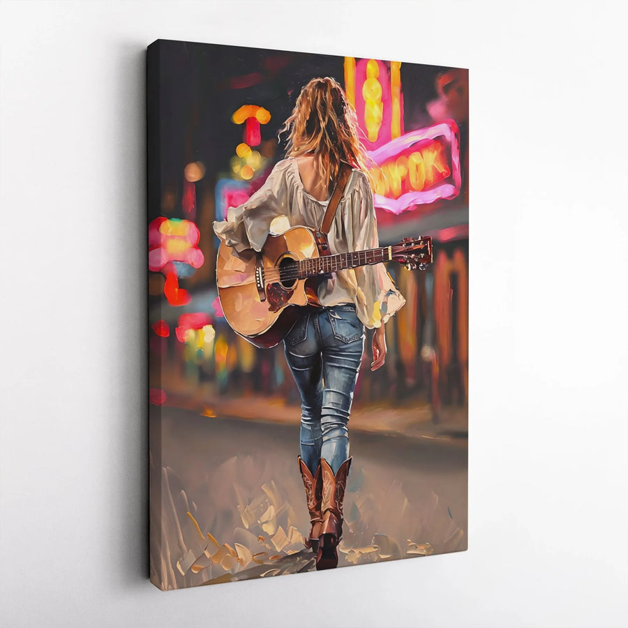Country Music Canvas Print | Nashville Street Scene with Female Guitarist | Premium Gallery Wrapped Canvas | Western Home Decor for Music Lovers