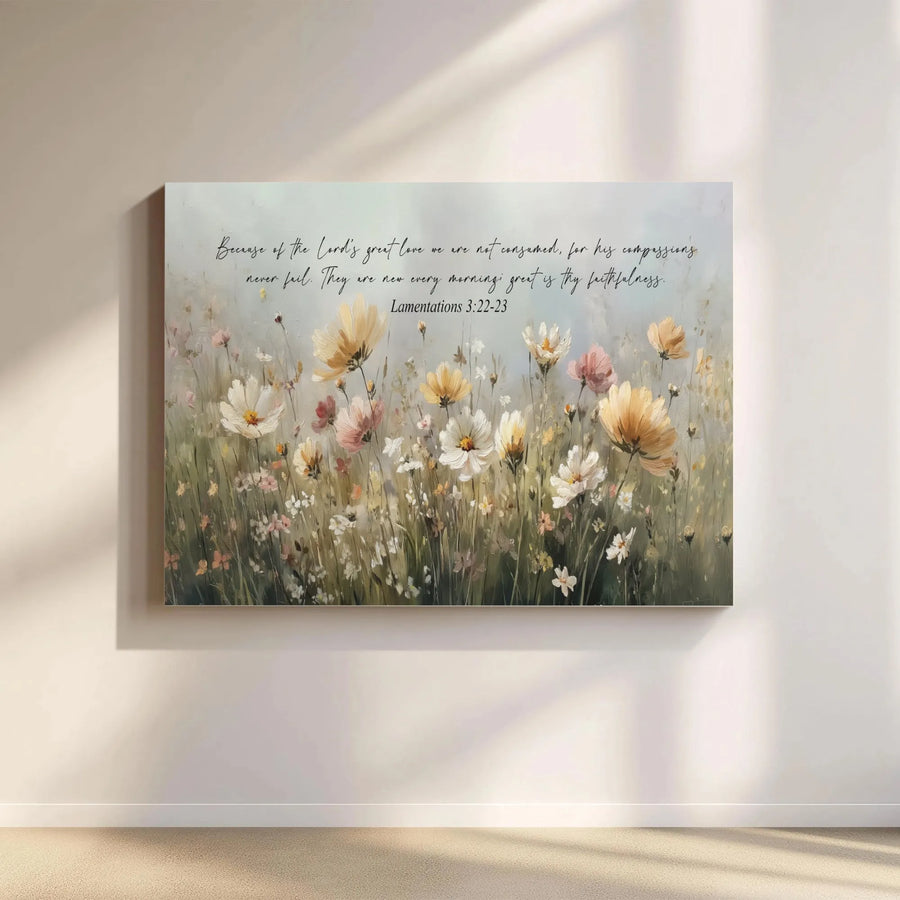 Bible Verse Canvas Print | Lamentations 3:22-23 Scripture Art with Wildflowers | Premium Gallery Wrapped Canvas | Inspirational Christian Home Decor Gift