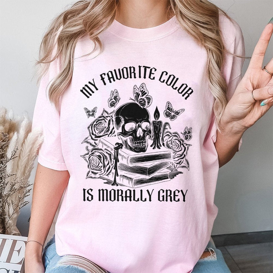 Morally Grey T-Shirt | Dark Academia Skull & Book Graphic | Premium Cotton Unisex Tee | Gothic Aesthetic Gift For Readers & Book Lovers