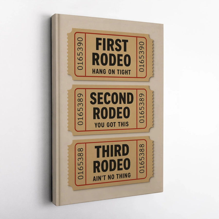 First Rodeo Canvas Wall Art | Vintage Ticket Stub Quote Design | Gallery-Quality 1.25-Inch Profile | Unique Encouraging Gift For New Moms And Dads