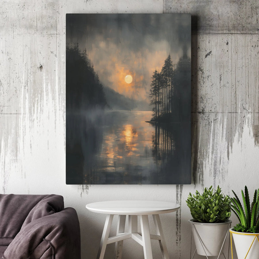 Misty Forest Lake Canvas Wall Art | Moody Sunrise Nature Landscape | Gallery Wrapped 1.25" Profile | Modern Home Decor Gift