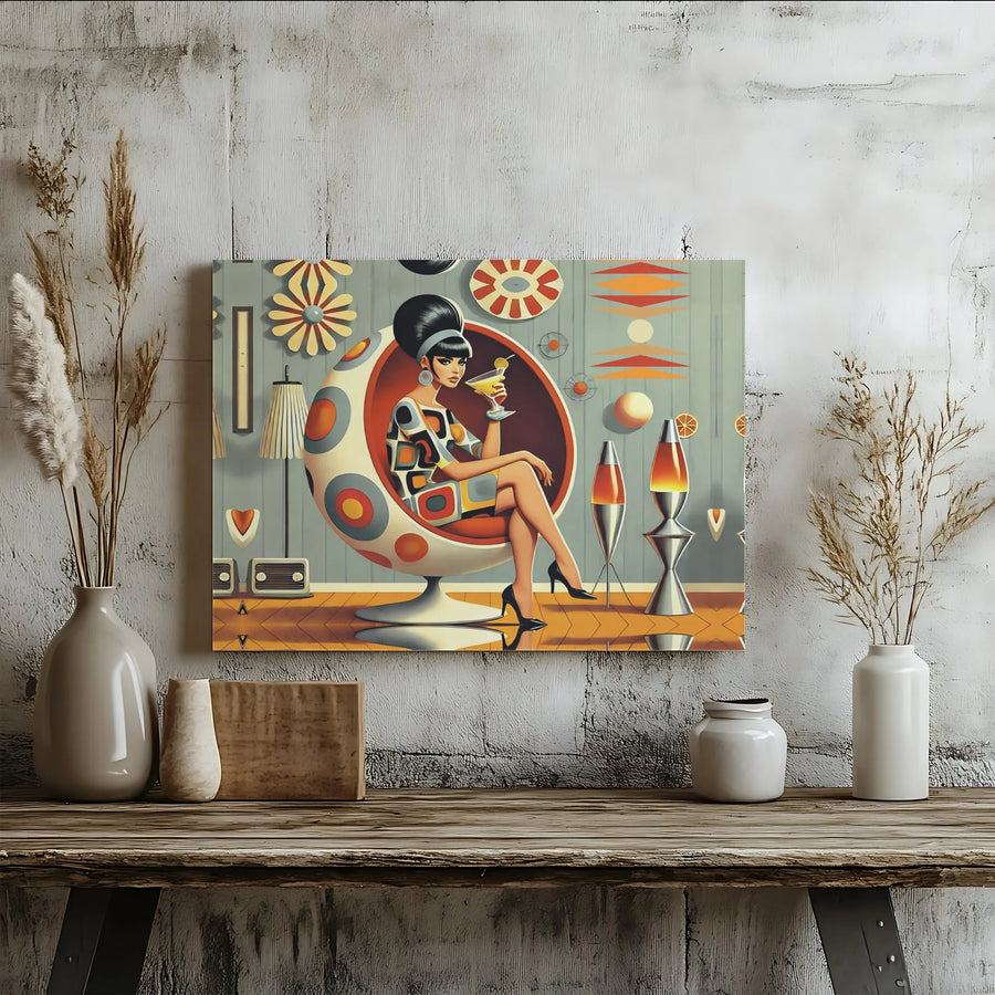 Mid-Century Modern Horizontal Canvas | Retro 1960s Atomic Era Woman in Ball Chair Art | Premium Gallery Wrap Wall Art | Cool Vintage Home Decor Gift