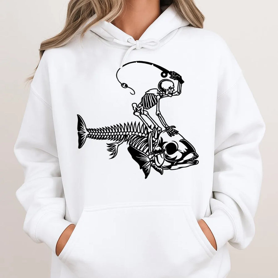 Fishing Skeleton Hoodie | Funny Skeleton Riding Fish Graphic | Premium Cotton Blend Unisex Sweatshirt | Perfect Gift For Fishermen And Fishing Dads