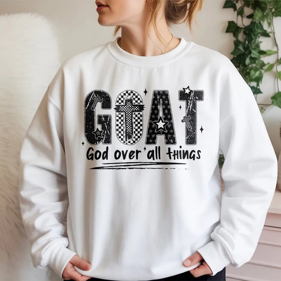 GOAT God Over All Things Sweatshirt | Christian Faith Cross Design | Premium Soft Unisex Crewneck | Religious Gift for Men and Women
