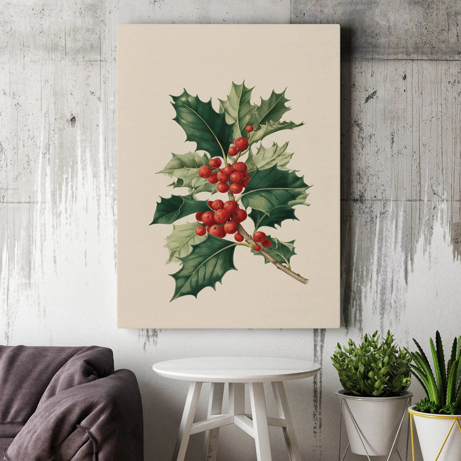 Vintage Holly Berry Vertical Canvas | Botanical Illustration Wall Art | Premium High-Resolution Print | Seasonal Holiday Home Decor Gift