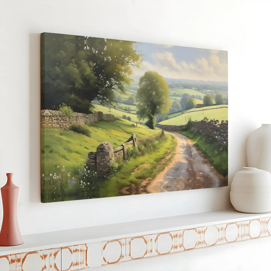 English Countryside Canvas Print | Vintage Pastoral Scene with Stone Wall | Premium Gallery Wrapped Canvas | Farmhouse Living Room Decor Gift